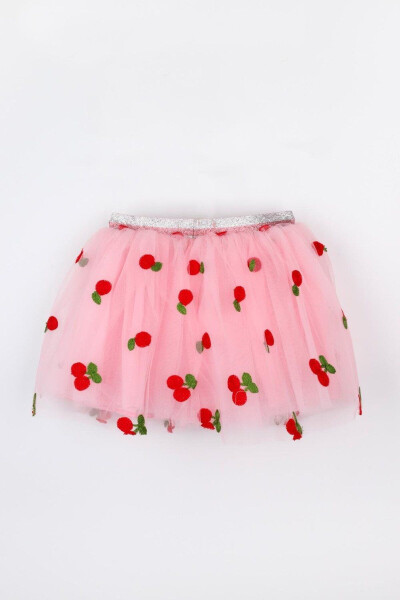 Pink Cherry Embroidered Girls Tulle Skirt - 6