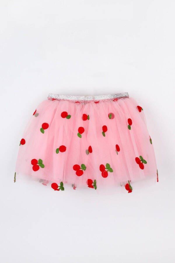 Pink Cherry Embroidered Girls Tulle Skirt - 6