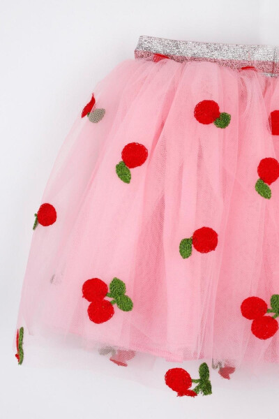 Pink Cherry Embroidered Girls Tulle Skirt - 7