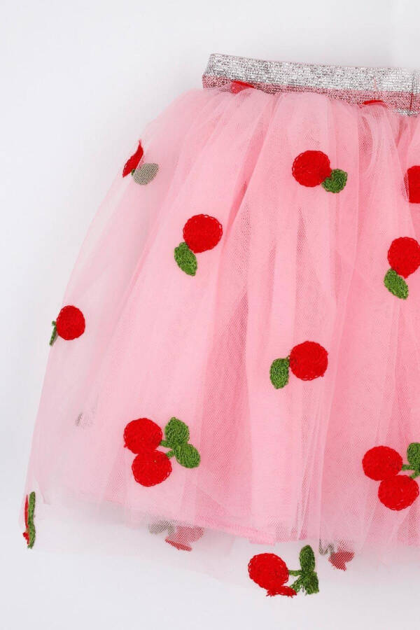 Pink Cherry Embroidered Girls Tulle Skirt - 3