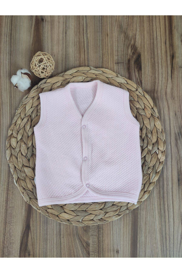 Pink cotton, snap-button, sleeveless, quilted baby vest. - 2