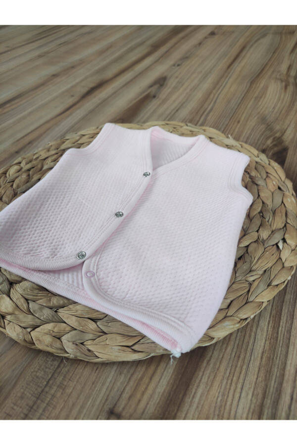 Pink cotton, snap-button, sleeveless, quilted baby vest. - 7