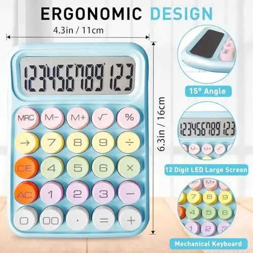Pink Cute 12 Digit Large LCD Display Big Round Button Calculator - Office Desktop 15Tilt Screen for Kids (Blue) - 2