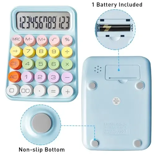Pink Cute 12 Digit Large LCD Display Big Round Button Calculator - Office Desktop 15Tilt Screen for Kids (Blue) - 3
