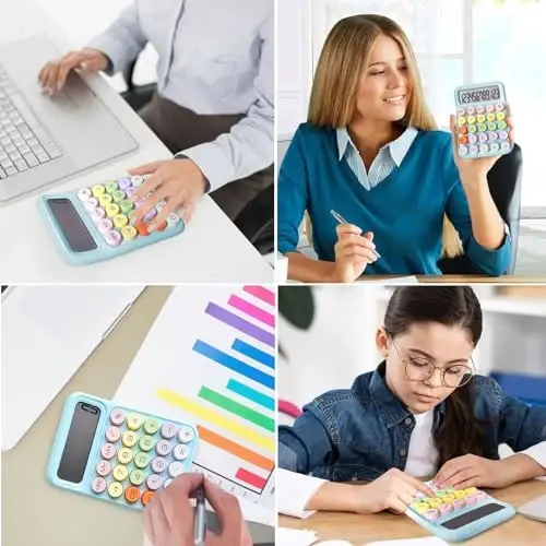 Pink Cute 12 Digit Large LCD Display Big Round Button Calculator - Office Desktop 15Tilt Screen for Kids (Blue) - 4