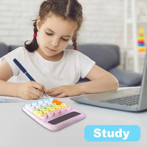 Pink Cute 12 Digit Large LCD Display Big Round Button Calculator - Office Desktop 15Tilt Screen for Kids (Blue) - 5