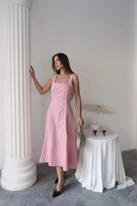 Pink Double Stitched Gabardine Dress - BÜYÜKBEDENIZ