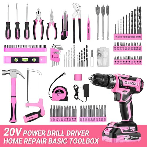 Pink Drill Tool Kit Set: 20V Cordless Power Drill Tool Box with Battery Electric Drill Driver for Men Home Hand Repair Basic Toolbox Tools Sets Drills Case - 2