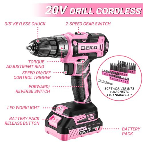 Pink Drill Tool Kit Set: 20V Cordless Power Drill Tool Box with Battery Electric Drill Driver for Men Home Hand Repair Basic Toolbox Tools Sets Drills Case - 3