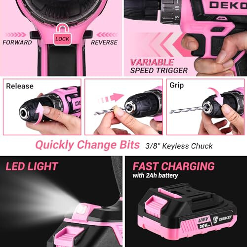 Pink Drill Tool Kit Set: 20V Cordless Power Drill Tool Box with Battery Electric Drill Driver for Men Home Hand Repair Basic Toolbox Tools Sets Drills Case - 4