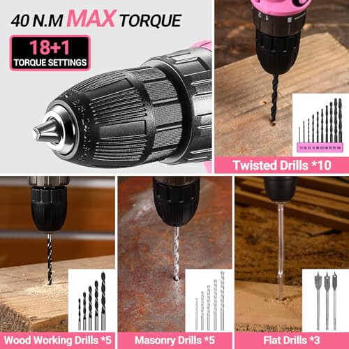 Pink Drill Tool Kit Set: 20V Cordless Power Drill Tool Box with Battery Electric Drill Driver for Men Home Hand Repair Basic Toolbox Tools Sets Drills Case - 5