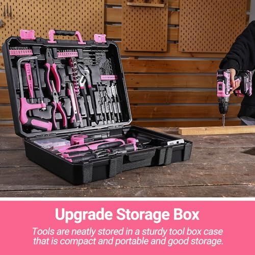 Pink Drill Tool Kit Set: 20V Cordless Power Drill Tool Box with Battery Electric Drill Driver for Men Home Hand Repair Basic Toolbox Tools Sets Drills Case - 6