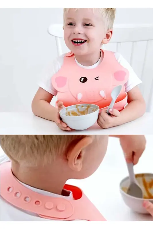 Pink Embossed Figured Silicone Bib with Pocket - 2