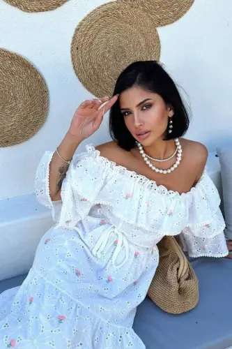 Pink Embroidered Dress with Elastic Shoulders - BÜYÜKBEDENIZ (1)