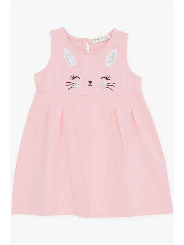 Pink Embroidered Sequin Cute Kitten Print Baby Girl Dress (1.5-2 Years)-Pink - 1