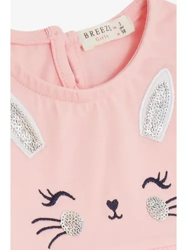 Pink Embroidered Sequin Cute Kitten Print Baby Girl Dress (1.5-2 Years)-Pink - 3