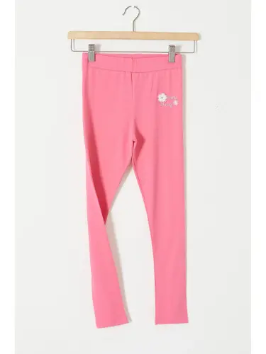 Pink Flower Embroidery Detailed Girls Leggings 18308-Pink - 2