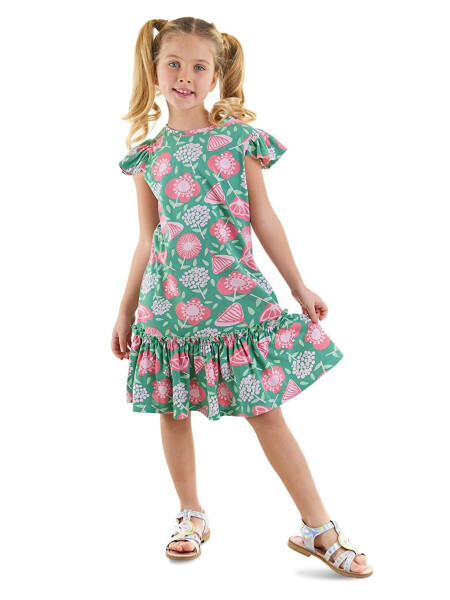 Pink Flowered Girl's Green Ruffled Dress - 1