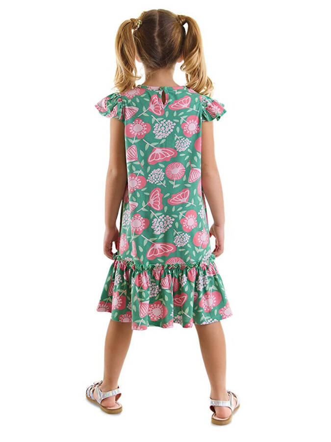 Pink Flowered Girl's Green Ruffled Dress - 2