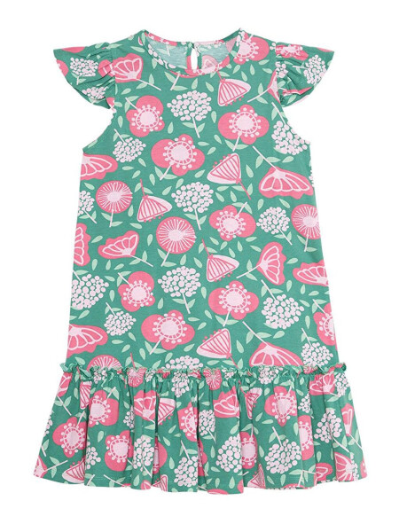 Pink Flowered Girl's Green Ruffled Dress - 3