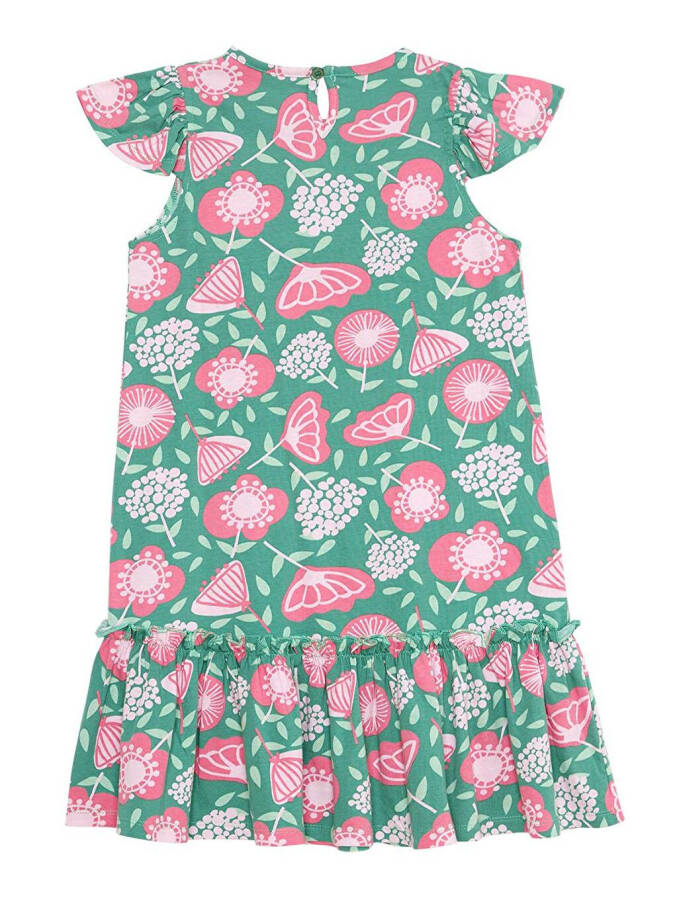 Pink Flowered Girl's Green Ruffled Dress - 4