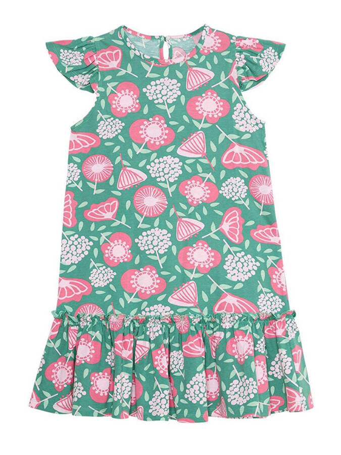 Pink Flowered Girl's Green Ruffled Dress - 8