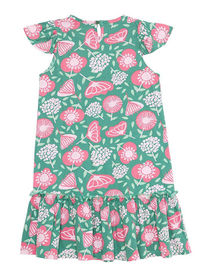 Pink Flowered Girl's Green Ruffled Dress - 9