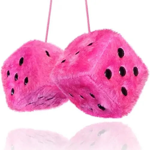 Pink Fuzzy Dice Car Accessories - Plush Cute Car Accessories for Interior - Plush Rear View Mirror Hanging Ornament Decorations - Retro Y2K McBling 2000s Aesthetic Decor - (Pink Black) 