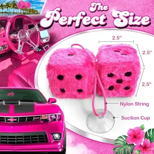 Pink Fuzzy Dice Car Accessories - Plush Cute Car Accessories for Interior - Plush Rear View Mirror Hanging Ornament Decorations - Retro Y2K McBling 2000s Aesthetic Decor - (Pink Black) - 3