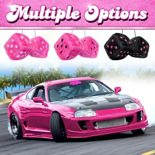 Pink Fuzzy Dice Car Accessories - Plush Cute Car Accessories for Interior - Plush Rear View Mirror Hanging Ornament Decorations - Retro Y2K McBling 2000s Aesthetic Decor - (Pink Black) - 5