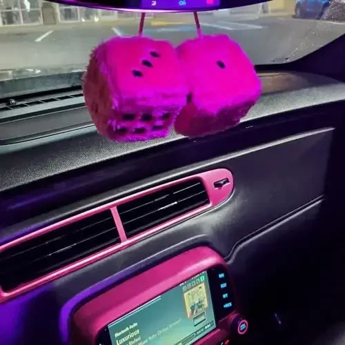 Pink Fuzzy Dice Car Accessories - Plush Cute Car Accessories for Interior - Plush Rear View Mirror Hanging Ornament Decorations - Retro Y2K McBling 2000s Aesthetic Decor - (Pink Black) - 7