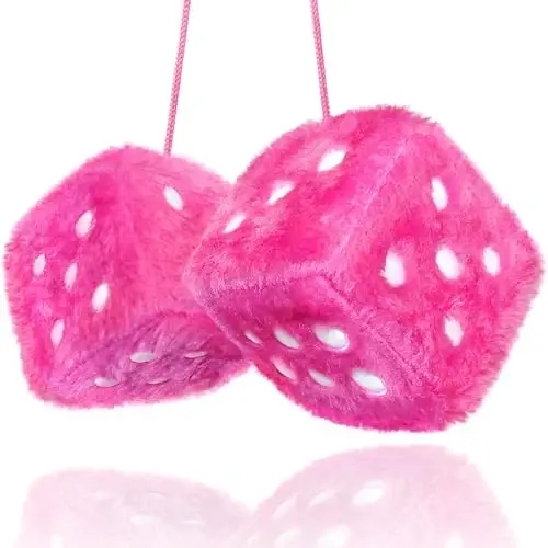 Pink Fuzzy Dice Car Accessories - Plush Cute Pink Car Accessories for Interior - Plush Rear View Mirror Hanging Ornament Decorations - Retro Y2K McBling 2000s Aesthetic Decor - (Pink White) - 6