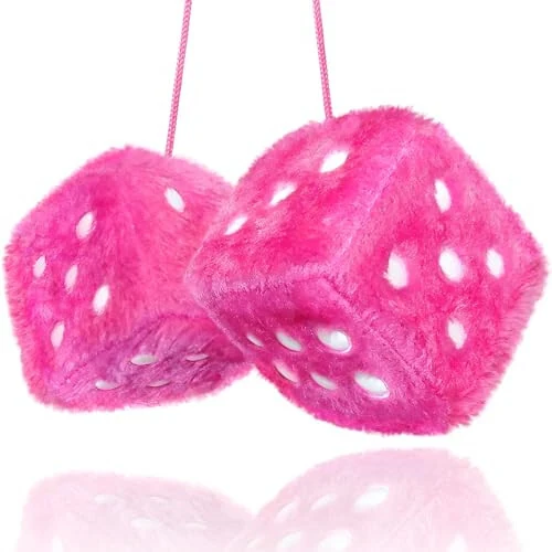 Pink Fuzzy Dice Car Accessories - Plush Cute Pink Car Accessories for Interior - Plush Rear View Mirror Hanging Ornament Decorations - Retro Y2K McBling 2000s Aesthetic Decor - (Pink White) 