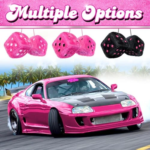 Pink Fuzzy Dice Car Accessories - Plush Cute Pink Car Accessories for Interior - Plush Rear View Mirror Hanging Ornament Decorations - Retro Y2K McBling 2000s Aesthetic Decor - (Pink White) - 5