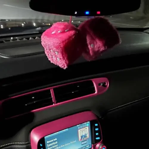 Pink Fuzzy Dice Car Accessories - Plush Cute Pink Car Accessories for Interior - Plush Rear View Mirror Hanging Ornament Decorations - Retro Y2K McBling 2000s Aesthetic Decor - (Pink White) - 7