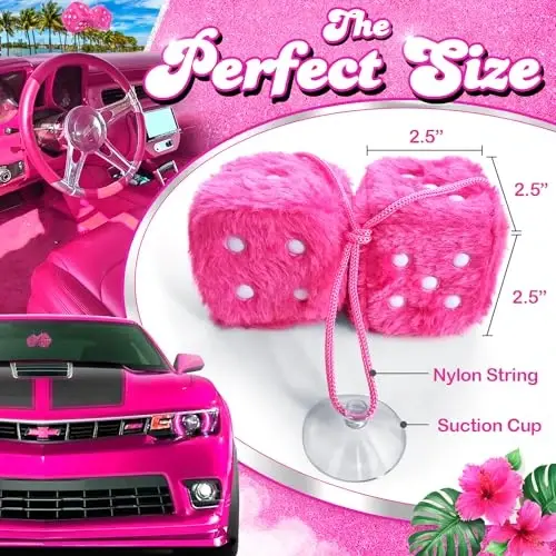 Pink Fuzzy Dice Car Accessories - Plush Cute Pink Car Accessories for Interior - Plush Rear View Mirror Hanging Ornament Decorations - Retro Y2K McBling 2000s Aesthetic Decor - (Pink White) - 2