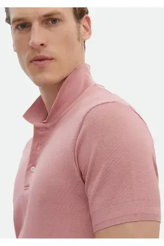 Pink Jacquard Polo Neck 100% Cotton T-Shirt - 4