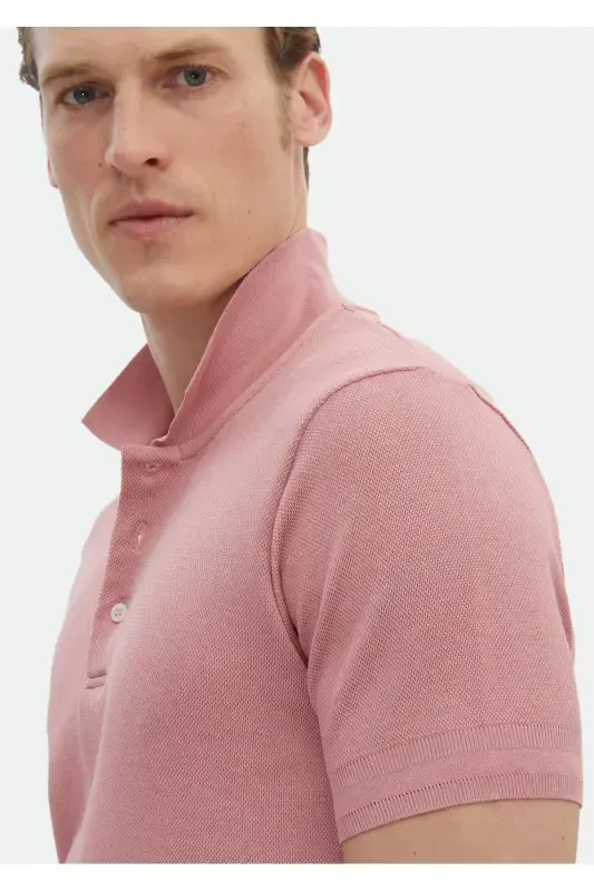 Pink Jacquard Polo Neck 100% Cotton T-Shirt - 4