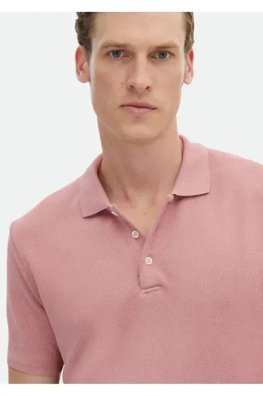 Pink Jacquard Polo Neck 100% Cotton T-Shirt - 5