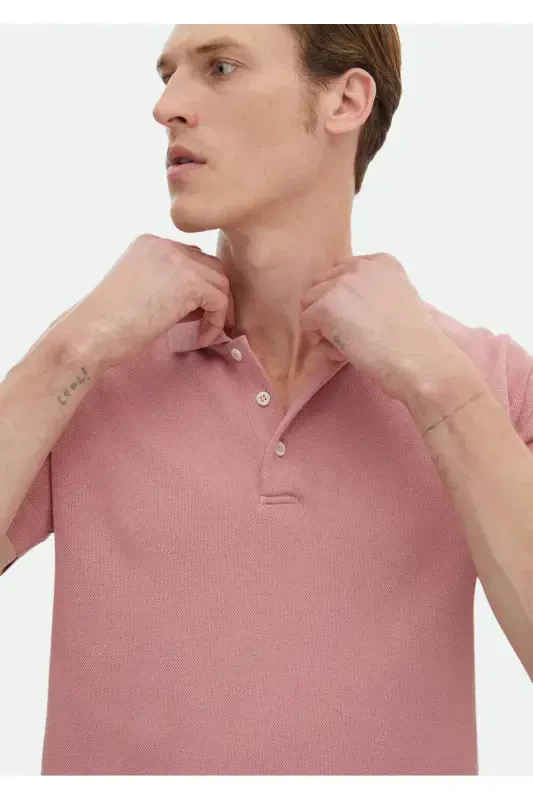 Pink Jacquard Polo Neck 100% Cotton T-Shirt - 6