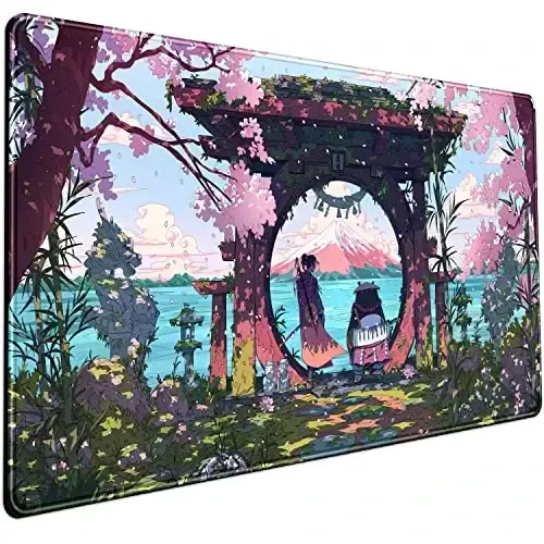 Pink Japan Desk Pad Anime Gaming Green Mouse Pad Large Mouse Pad For Desk Computer Pc Laptop Office Decor For Women, Anime Mouse Keyboard Pad Stitched Edges Non-Slip Rubber Mat Desk Pad (31.5x15.7 In) - 1