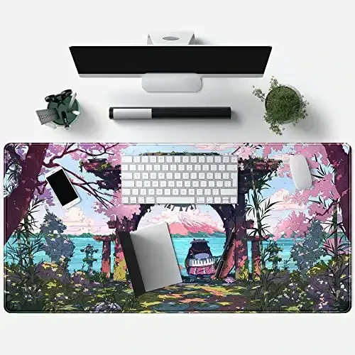 Pink Japan Desk Pad Anime Gaming Green Mouse Pad Large Mouse Pad For Desk Computer Pc Laptop Office Decor For Women, Anime Mouse Keyboard Pad Stitched Edges Non-Slip Rubber Mat Desk Pad (31.5x15.7 In) - 4