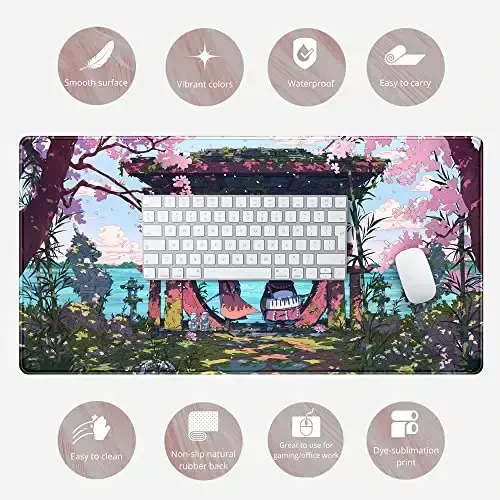 Pink Japan Desk Pad Anime Gaming Green Mouse Pad Large Mouse Pad For Desk Computer Pc Laptop Office Decor For Women, Anime Mouse Keyboard Pad Stitched Edges Non-Slip Rubber Mat Desk Pad (31.5x15.7 In) - 6