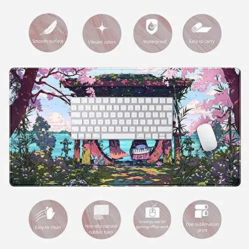 Pink Japan Desk Pad Anime Gaming Green Mouse Pad Large Mouse Pad For Desk Computer Pc Laptop Office Decor For Women, Anime Mouse Keyboard Pad Stitched Edges Non-Slip Rubber Mat Desk Pad (31.5x15.7 In) - 12