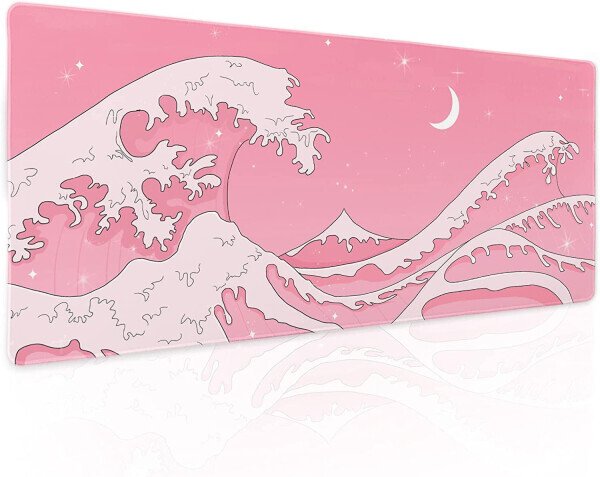 Pink Japanese Anime Gaming Mouse Pad XL Cute Kawaii Aesthetic Wave Extended Big Large Desk Mat Non-Slip Rubber Base Stitched Edge Long Keyboard Mousepad for PC Computer Laptop, 31.5×11.8 in - 7