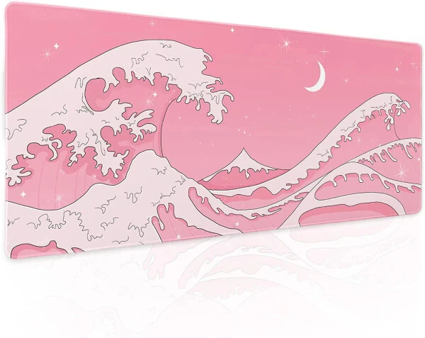Pink Japanese Anime Gaming Mouse Pad XL Cute Kawaii Aesthetic Wave Extended Big Large Desk Mat Non-Slip Rubber Base Stitched Edge Long Keyboard Mousepad for PC Computer Laptop, 31.5×11.8 in - HEQIANCO