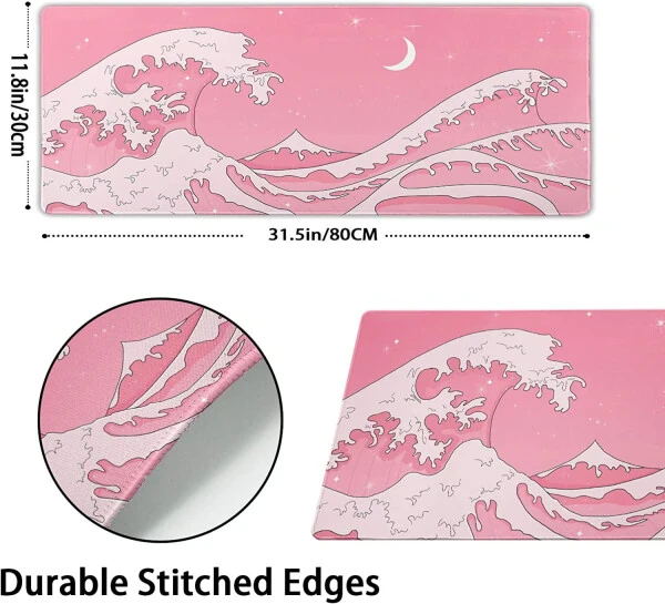 Pink Japanese Anime Gaming Mouse Pad XL Cute Kawaii Aesthetic Wave Extended Big Large Desk Mat Non-Slip Rubber Base Stitched Edge Long Keyboard Mousepad for PC Computer Laptop, 31.5×11.8 in - HEQIANCO (1)