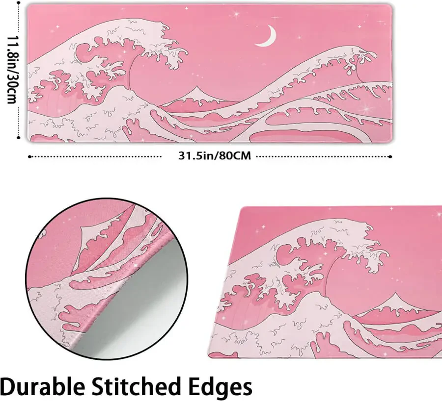 Pink Japanese Anime Gaming Mouse Pad XL Cute Kawaii Aesthetic Wave Extended Big Large Desk Mat Non-Slip Rubber Base Stitched Edge Long Keyboard Mousepad for PC Computer Laptop, 31.5×11.8 in - 2