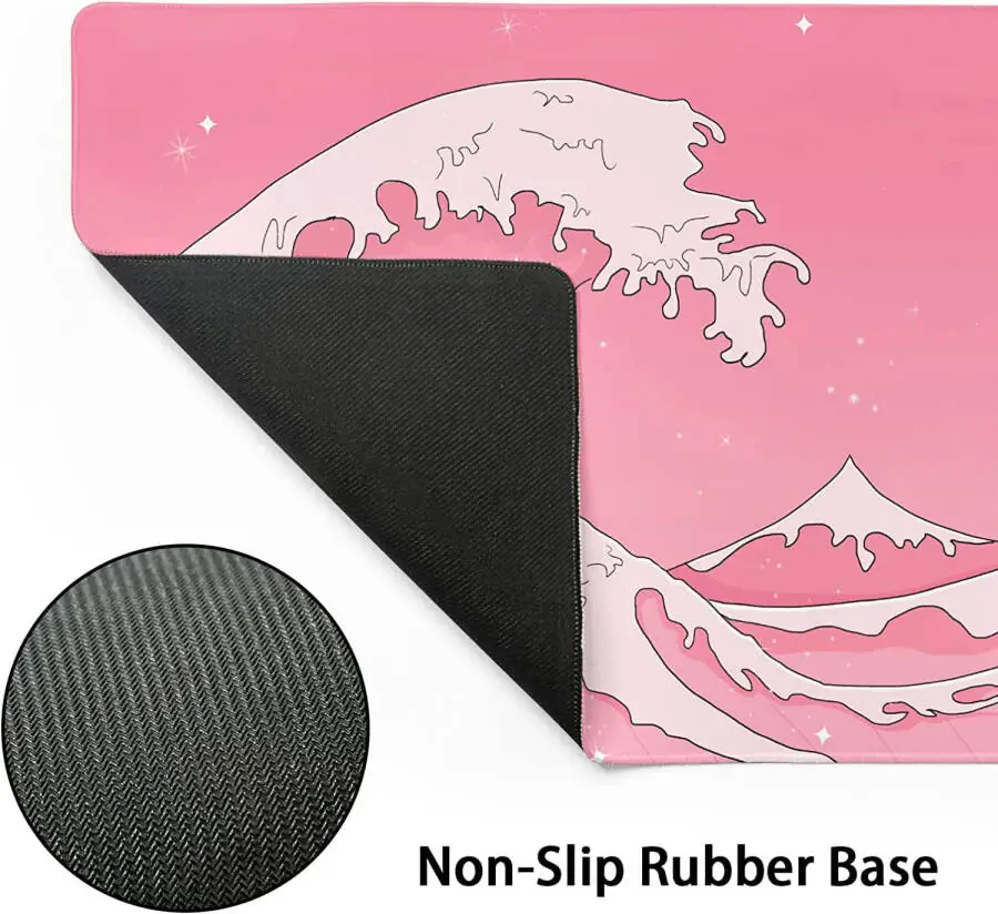 Pink Japanese Anime Gaming Mouse Pad XL Cute Kawaii Aesthetic Wave Extended Big Large Desk Mat Non-Slip Rubber Base Stitched Edge Long Keyboard Mousepad for PC Computer Laptop, 31.5×11.8 in - 3