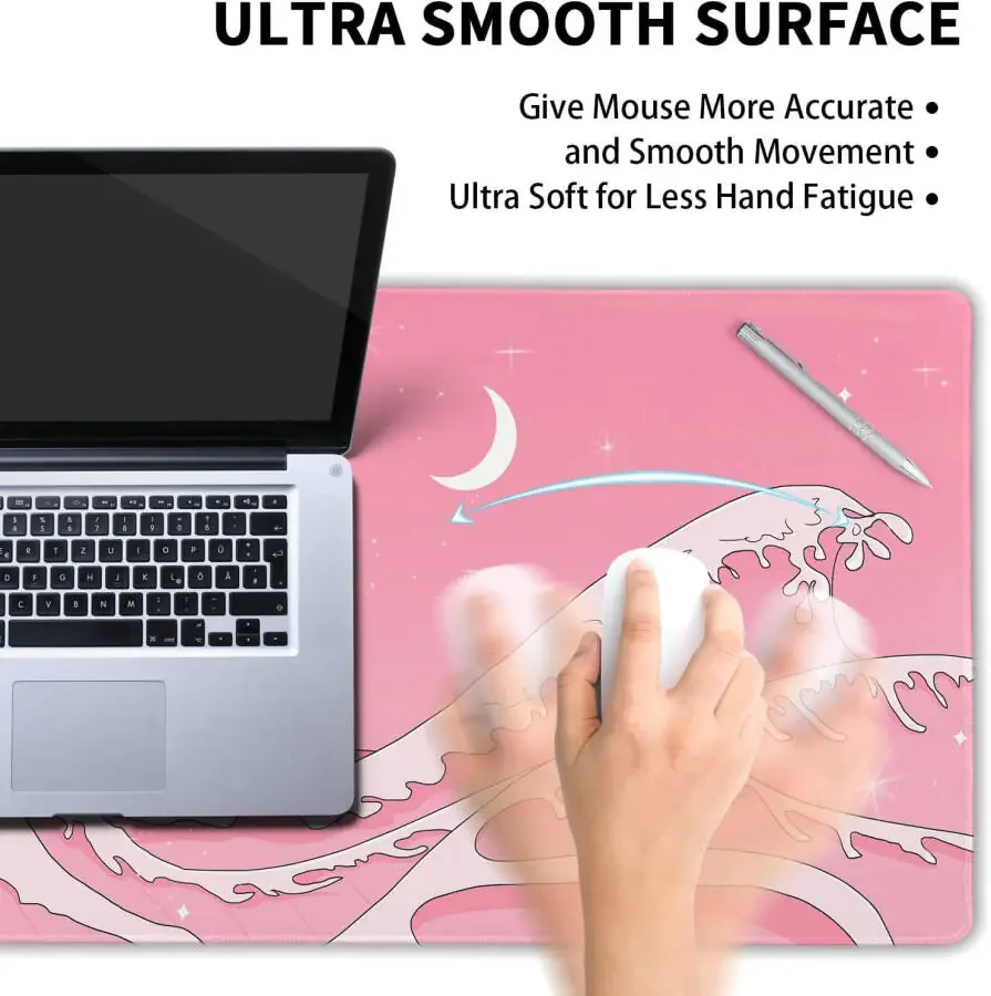 Pink Japanese Anime Gaming Mouse Pad XL Cute Kawaii Aesthetic Wave Extended Big Large Desk Mat Non-Slip Rubber Base Stitched Edge Long Keyboard Mousepad for PC Computer Laptop, 31.5×11.8 in - 4